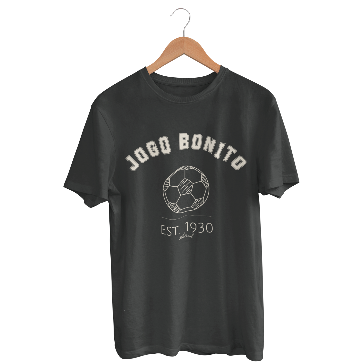 Vintage wash black unisex t-shirt with 'Jogo Bonito' text and soccer ball graphic