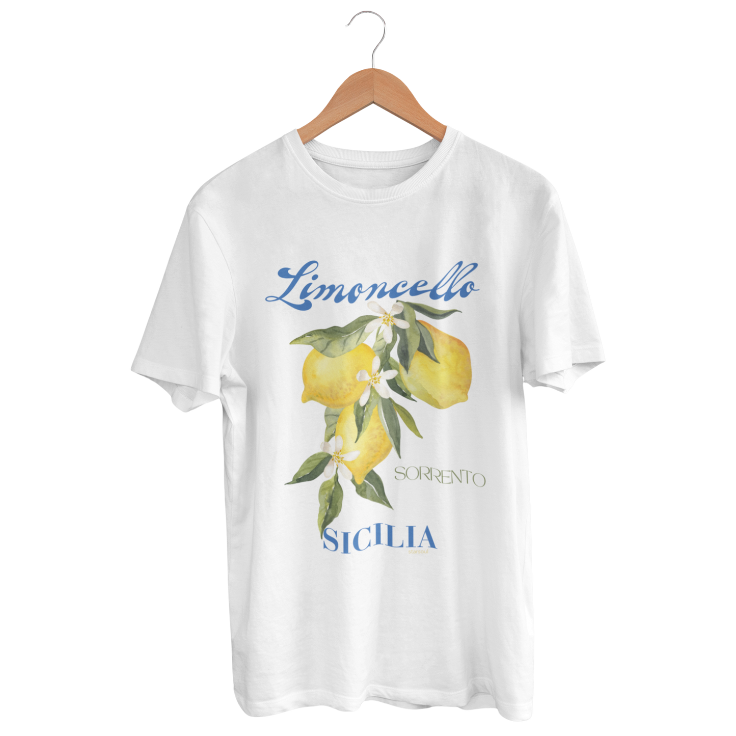 White t-shirt with "limoncello" printed and beautiful lemon design, all proceeds go to charity and also plants 10 trees