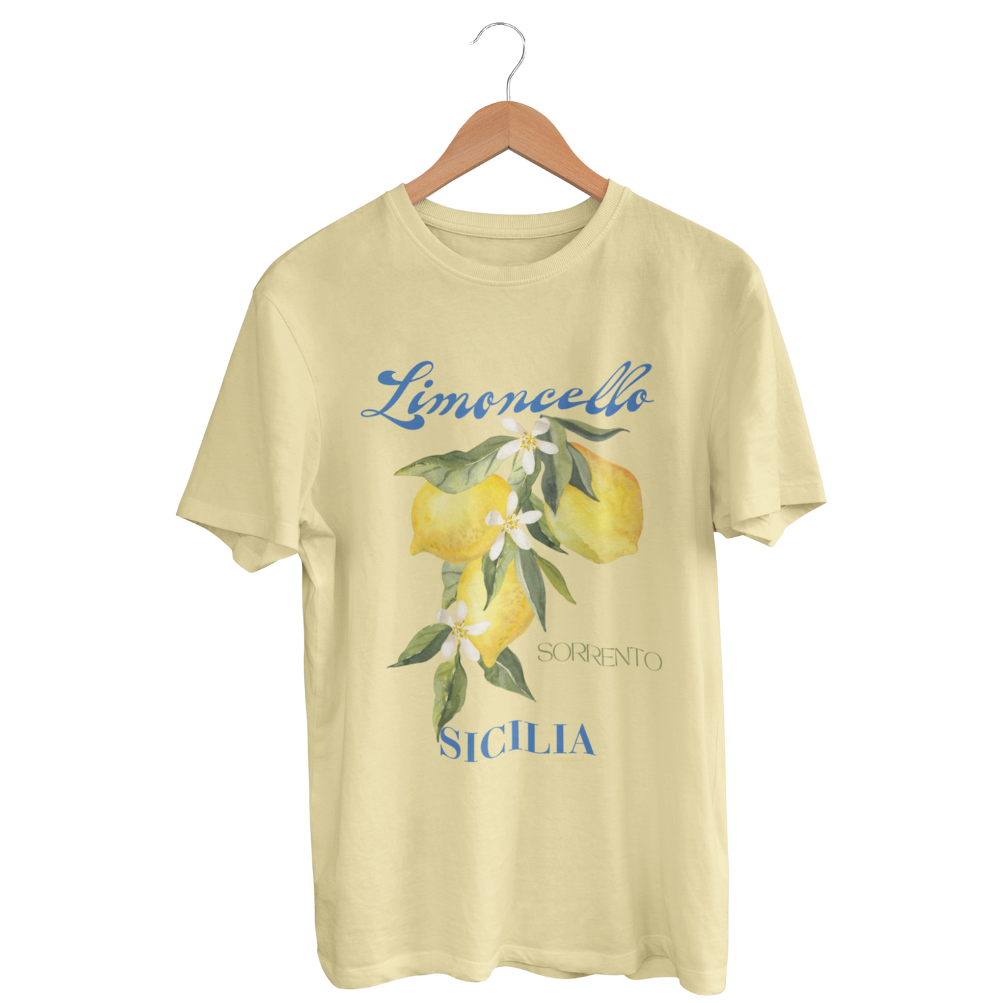 Butter yellow t-shirt with "limoncello" printed and beautiful lemon design, all proceeds go to charity and also plants 10 trees