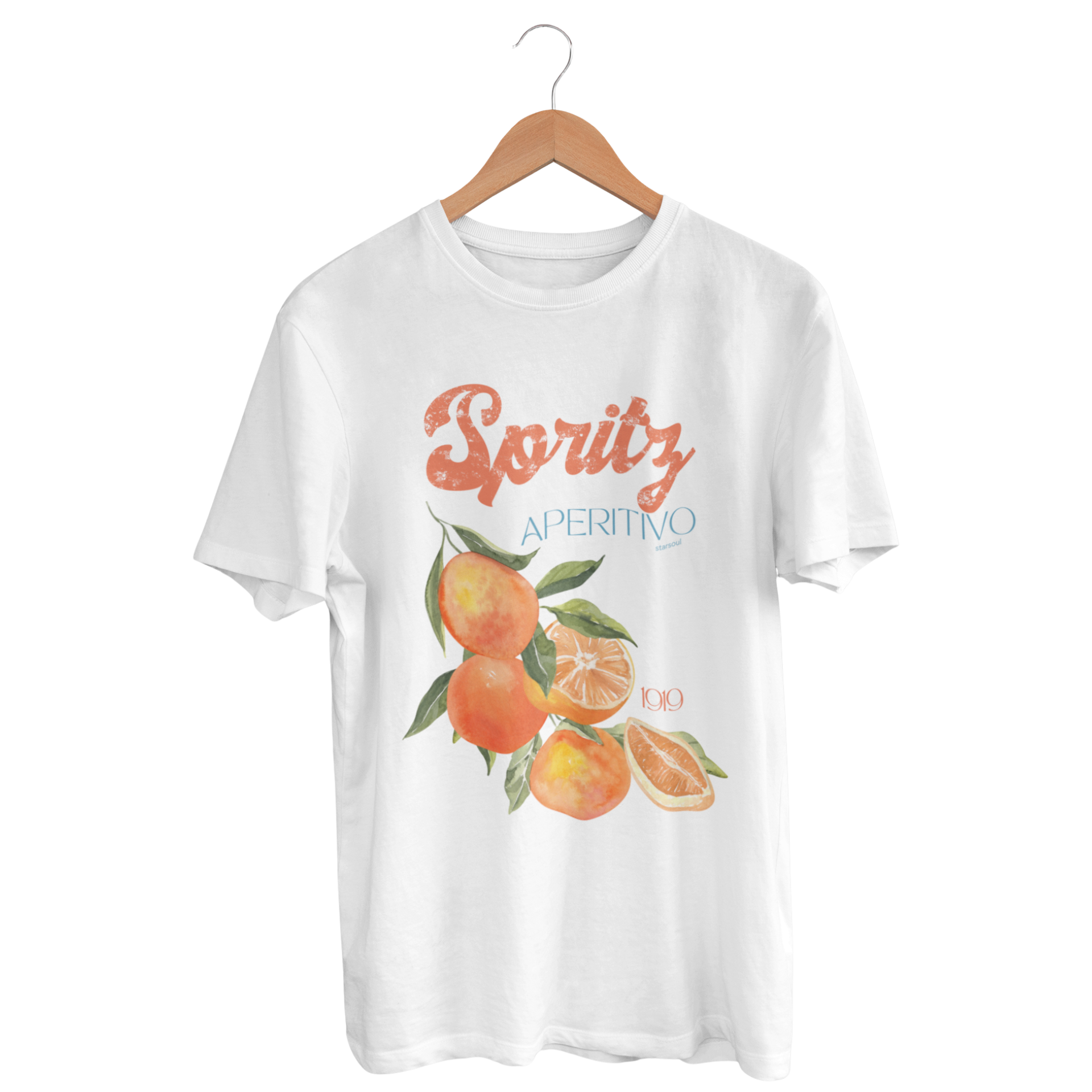 white shirt with Spritz written in orange with fruits on the front, charity t-shirt