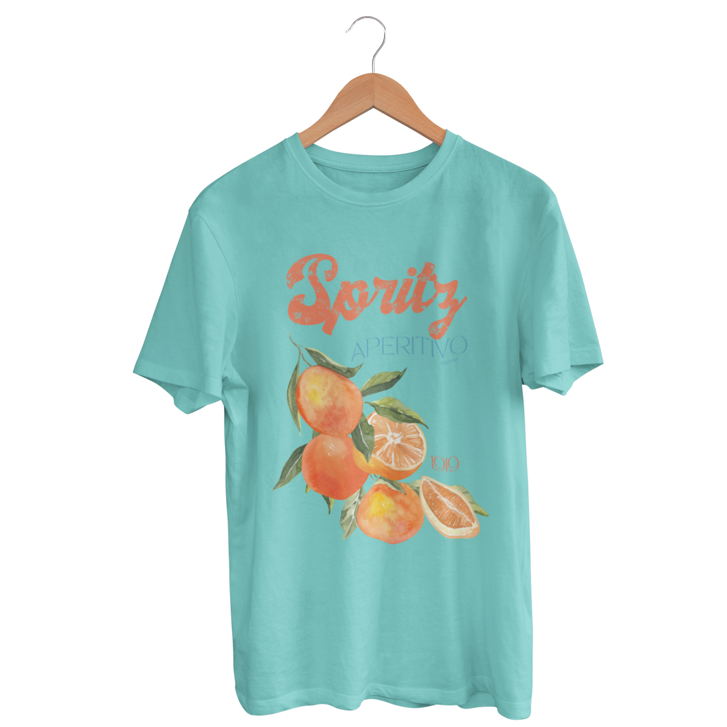 teal color shirt with Spritz written in orange with fruits on the front, charity t-shirt