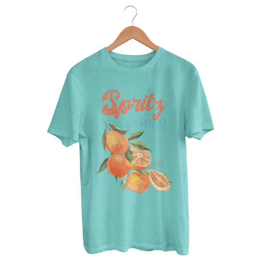 teal color shirt with Spritz written in orange with fruits on the front, charity t-shirt