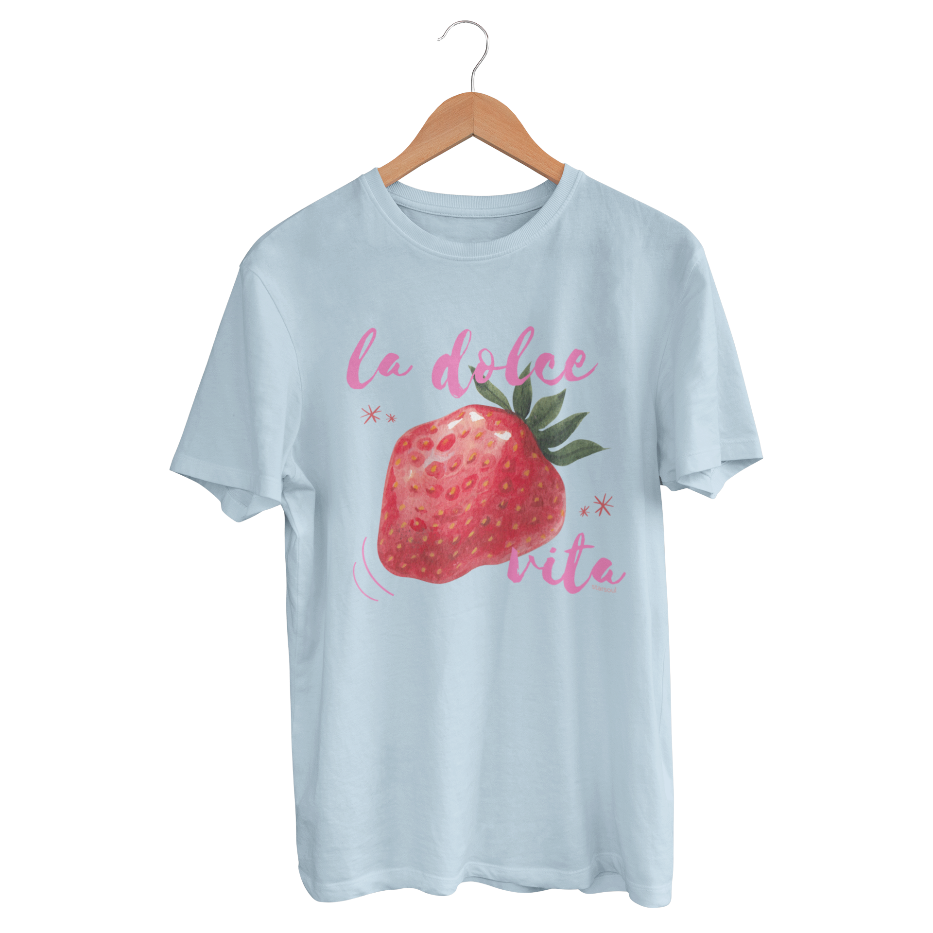 Baby blue unisex t-shirt with a drawn strawberry and words La Dolce Vita written in pink cursive font, charity t-shirt gives back to planting trees