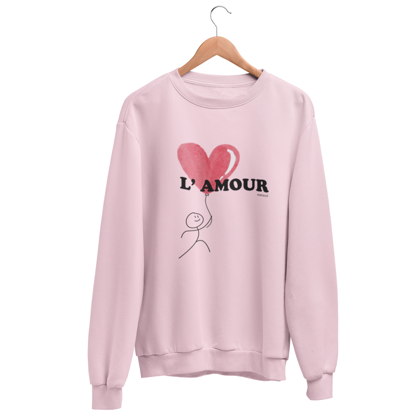pink sweatshirt with l'amour printed on front with balloon all proceeds go to first responders