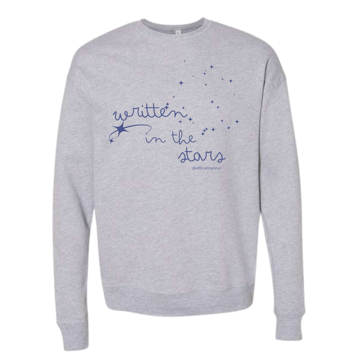 heathered gray sweatshirt with 'Written in the Stars' navy text and star graphics