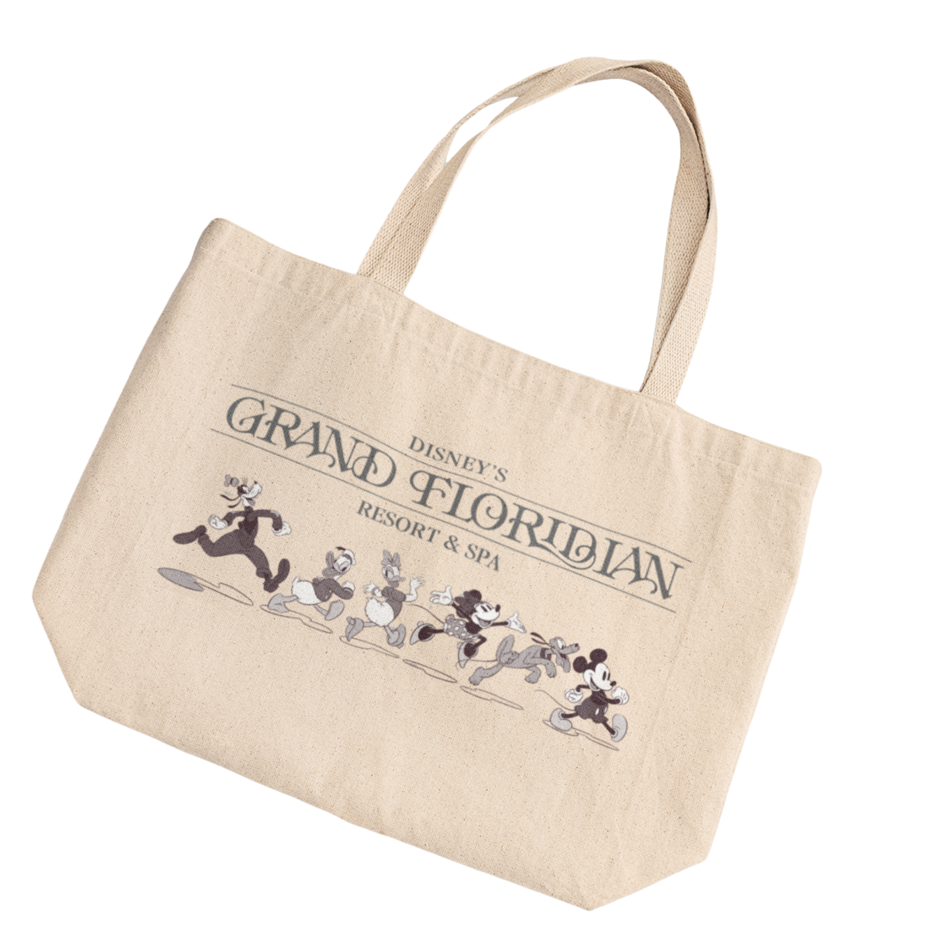 canvas tote bag with Disney Grand Floridian Logo and Goofy, Donald, Daisy, Minnie, Pluto and Mickey