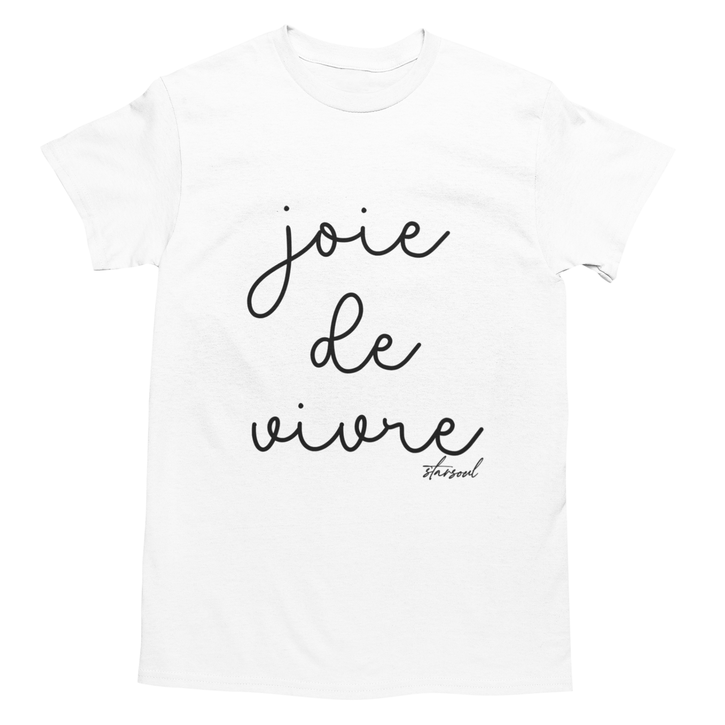 White t-shirt with 'joie de vivre' text on a white background