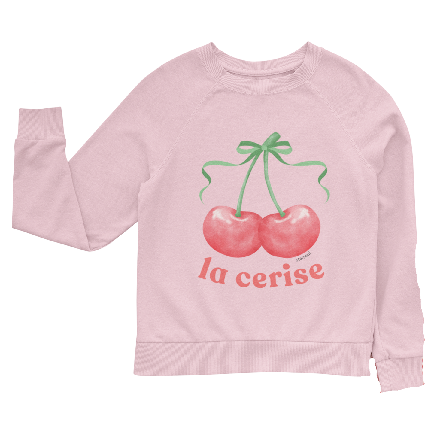 pink unisex sweatshirt with "la cerise" printed and chrries with a green bow