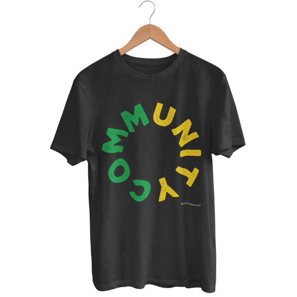 Black t-shirt with 'COMMUNITY' printed in green and yellow for Jamaica flag