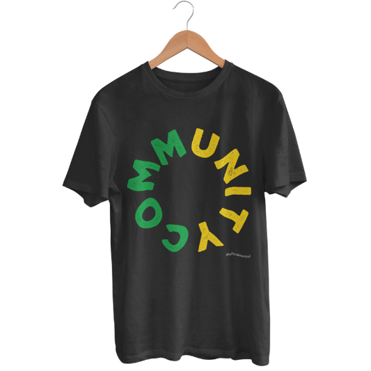 Black t-shirt with 'COMMUNITY' printed in green and yellow for Jamaica flag