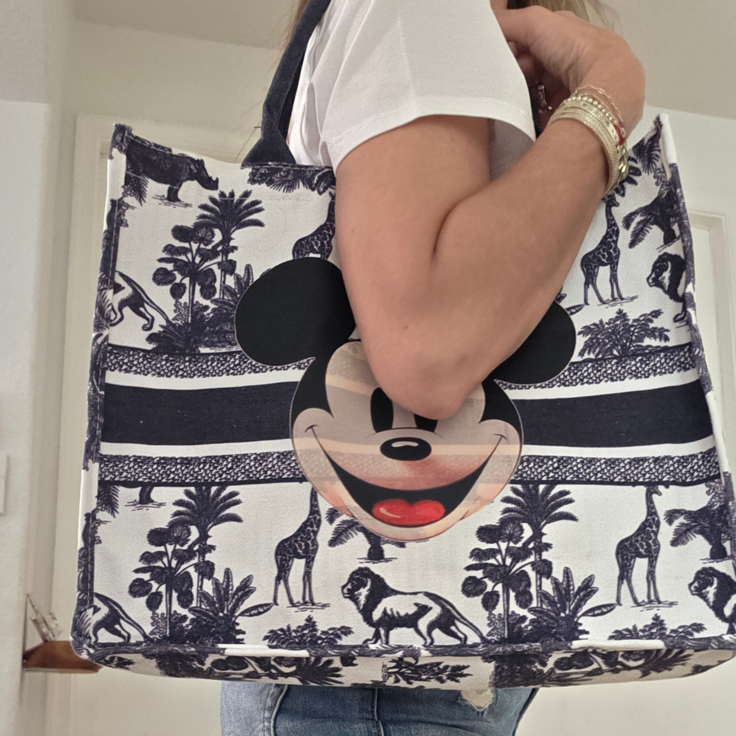 Vintage Mickey Safari Tote Bag | French Toile Disney Market Tote | Large Canvas Shopper