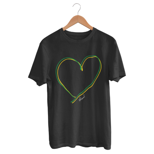 black t-shirt with hand-drawn heart in Jamaica flag colors โ charity Hurricane Melissa relief fundraiser shirt supporting Jamaica disaster recovery.