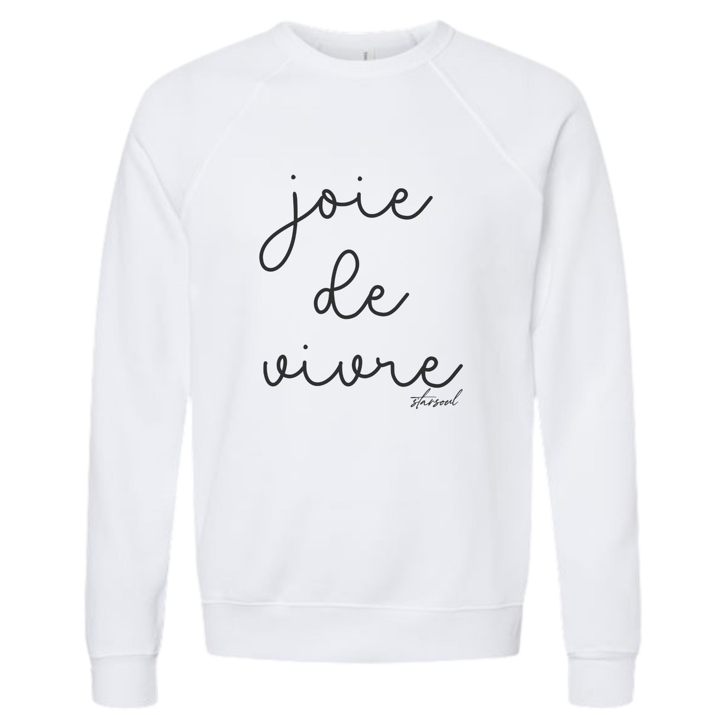 White sweatshirt with 'joie de vivre' text