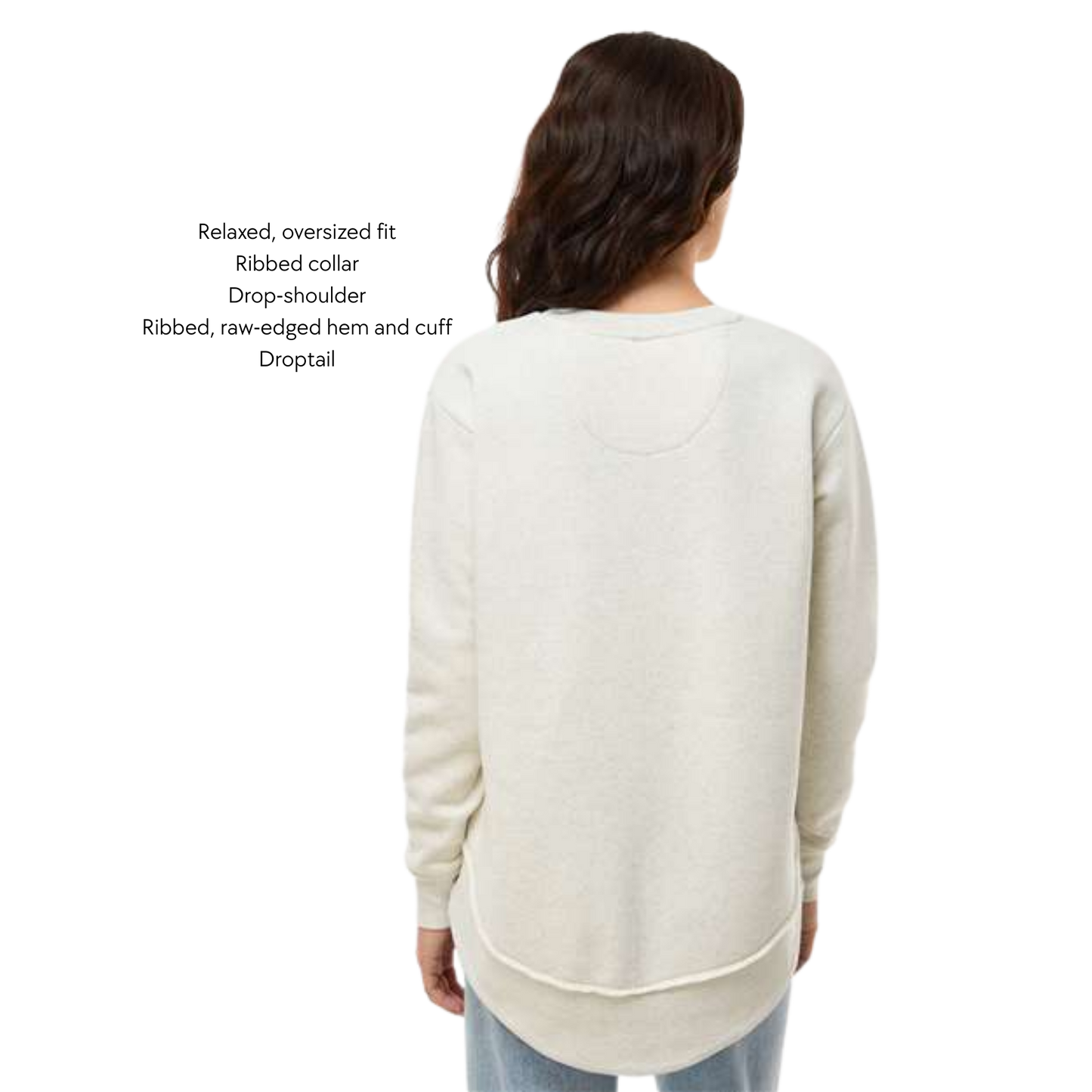 Woman wearing a beige sweater with text describing its features on a white background