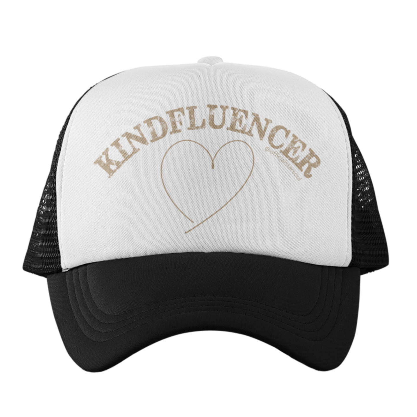 White and black cap with 'KINDFLUENCER' text and heart handdrawn