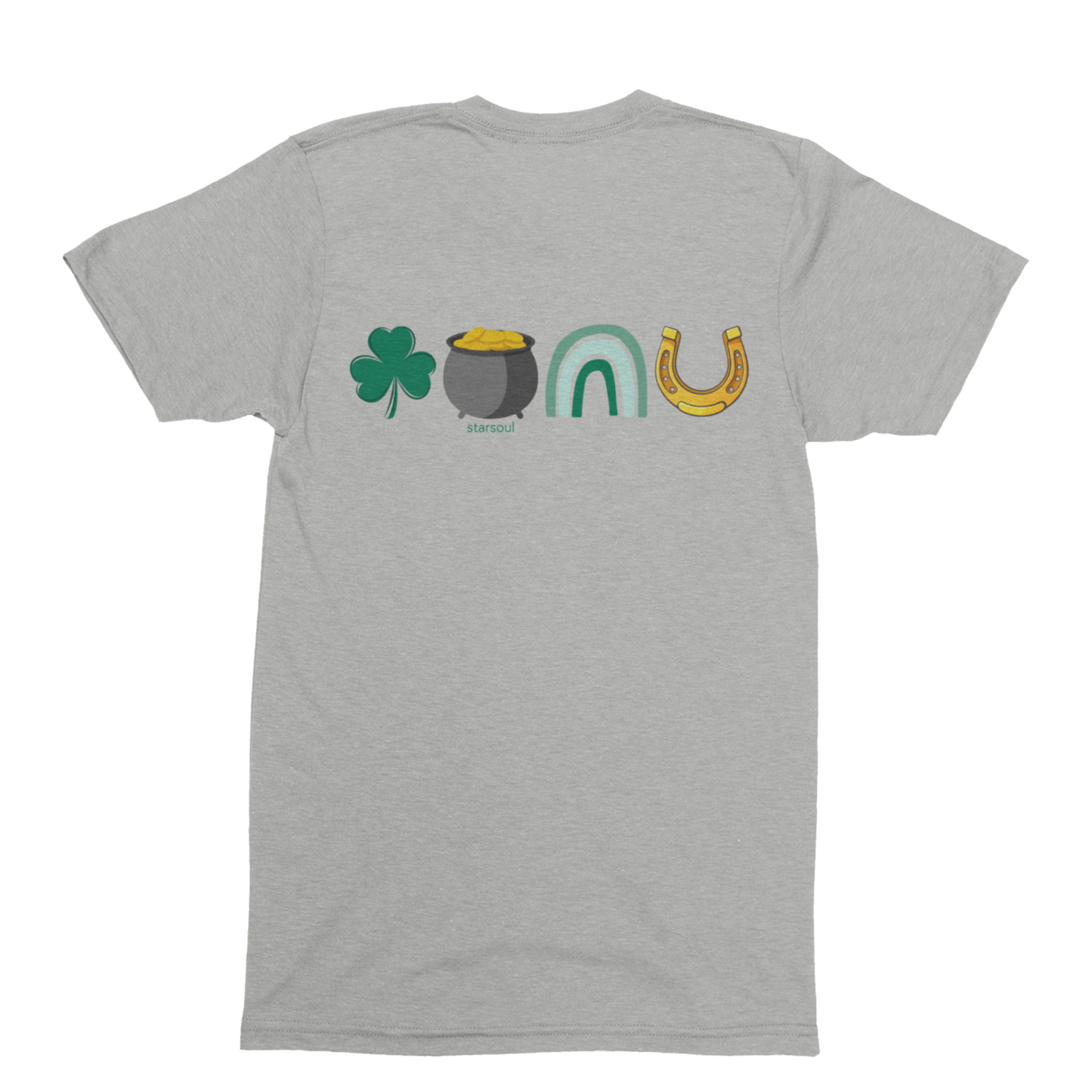 A gray crew neck t-shirt with a graphic design on the back featuring a clover, a pot of gold, a rainbow, and a horseshoe.