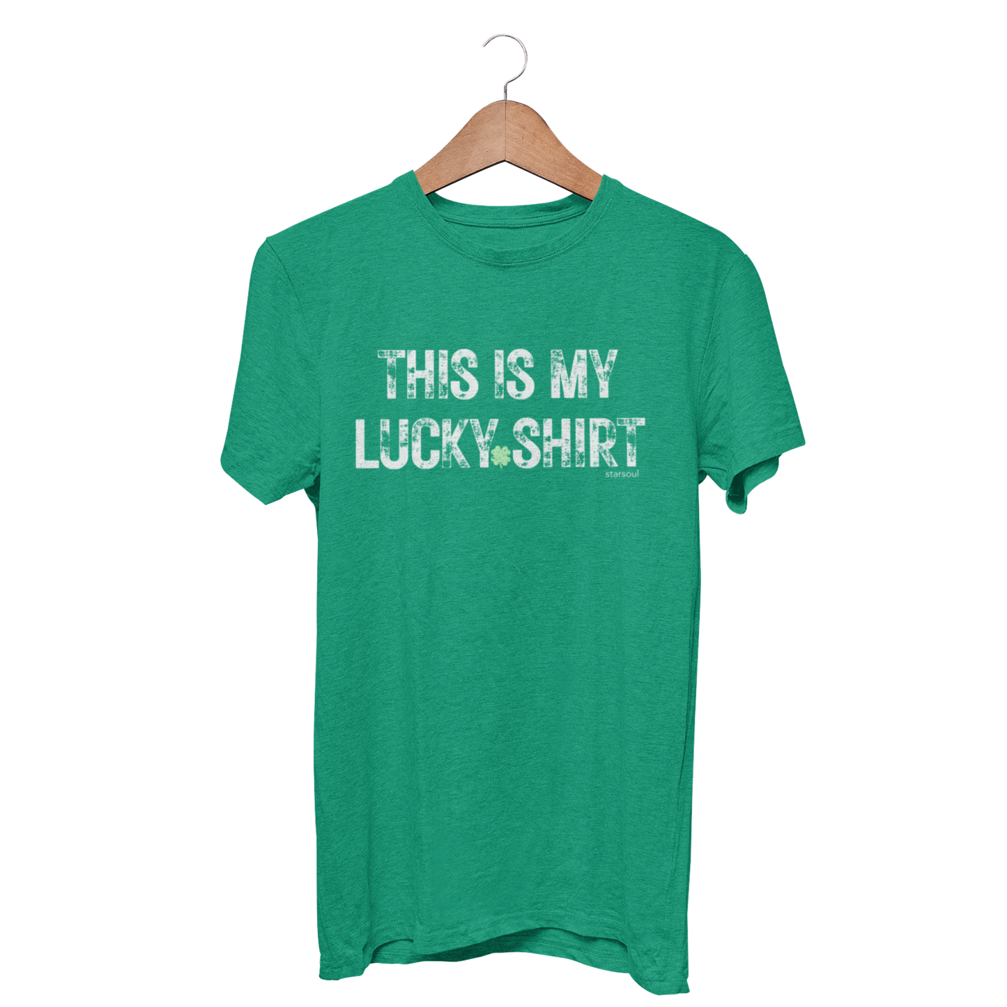 Green t-shirt with the text 'THIS IS MY LUCKY SHIRT' printed on the front.