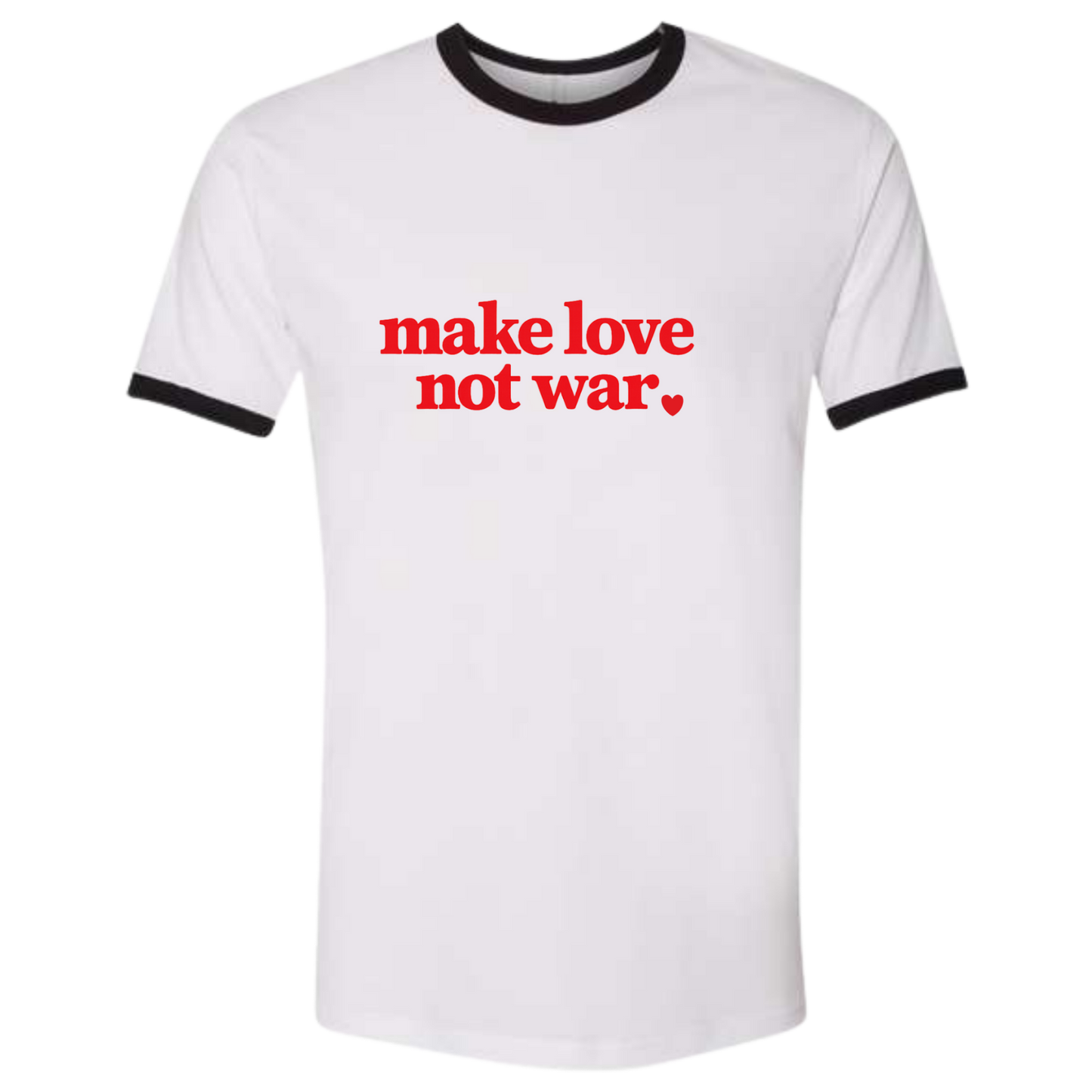 Make Love Not War charity statement t-shirt Valentine’s apparel supporting global healthcare