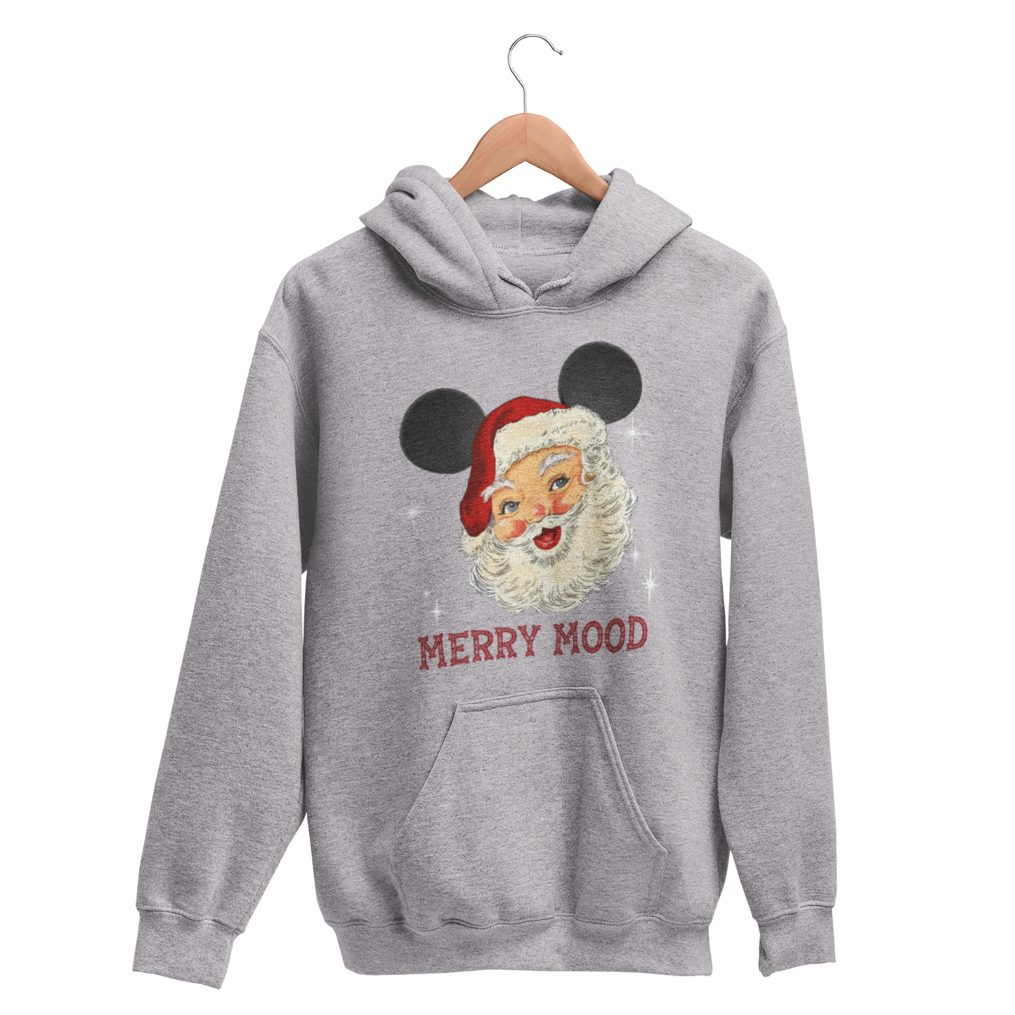 gray sweatshirt with Santa Claus wearing Mickey ears and 'Merry Mood' text in a Christmas Font, perfect for Mickey's Very Merry Christmas Party at Walt Disney World