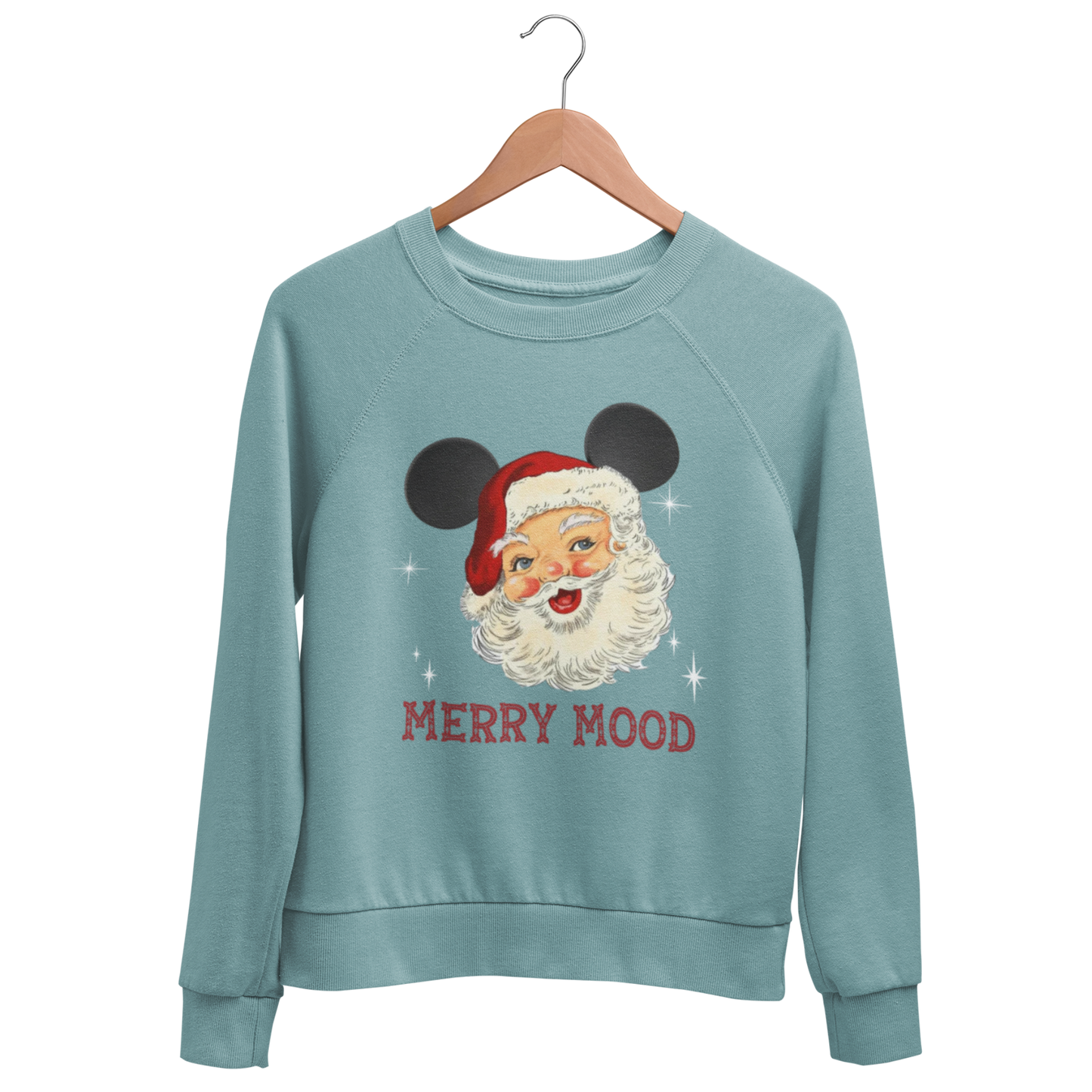 heather blu-green sweatshirt with Santa Claus wearing Mickey ears and 'Merry Mood' text in a Christmas Font, perfect for Mickey's Very Merry Christmas Party at Walt Disney World