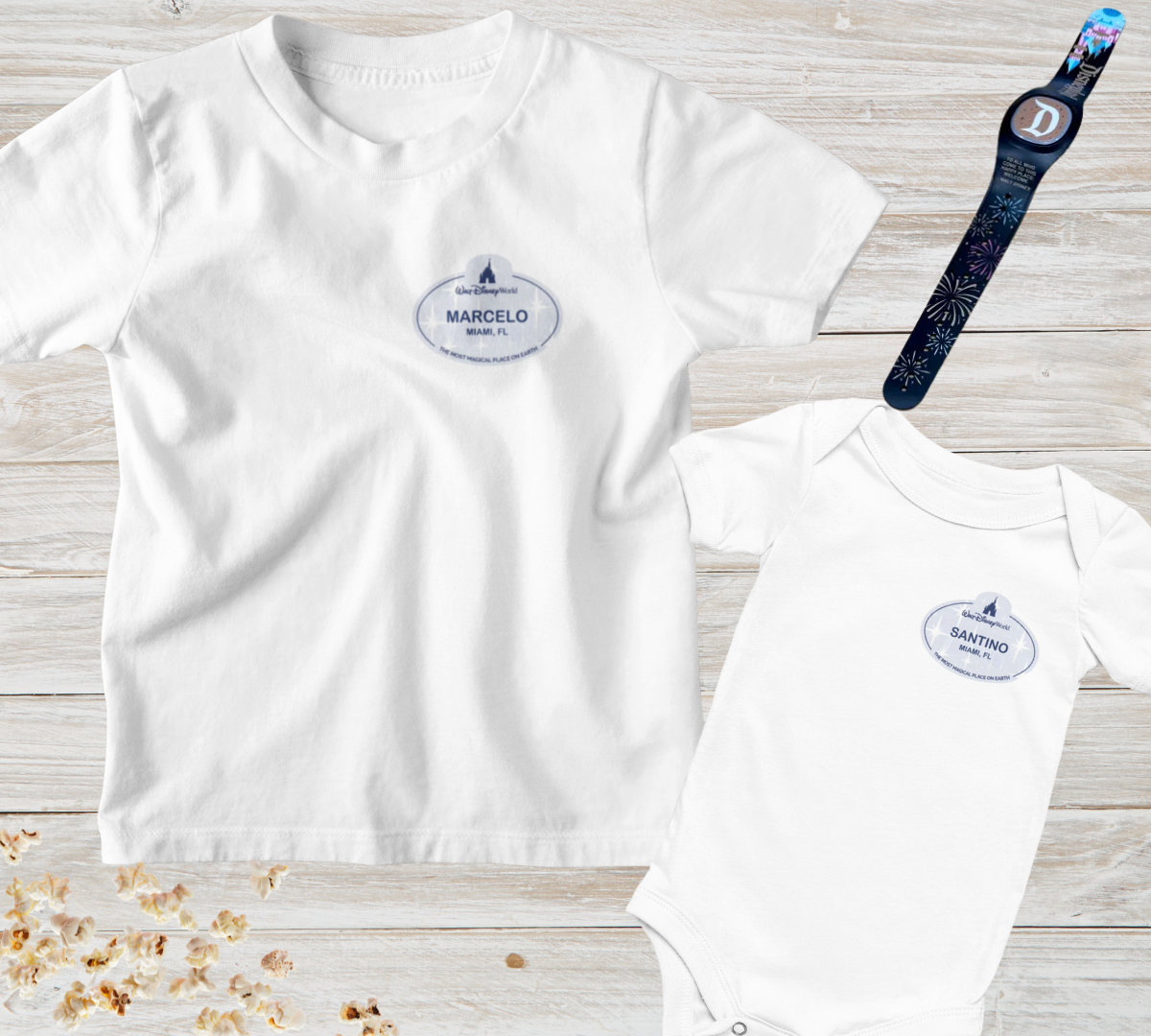 White Disney-inspired t-shirt with customized Cast Member name tag.