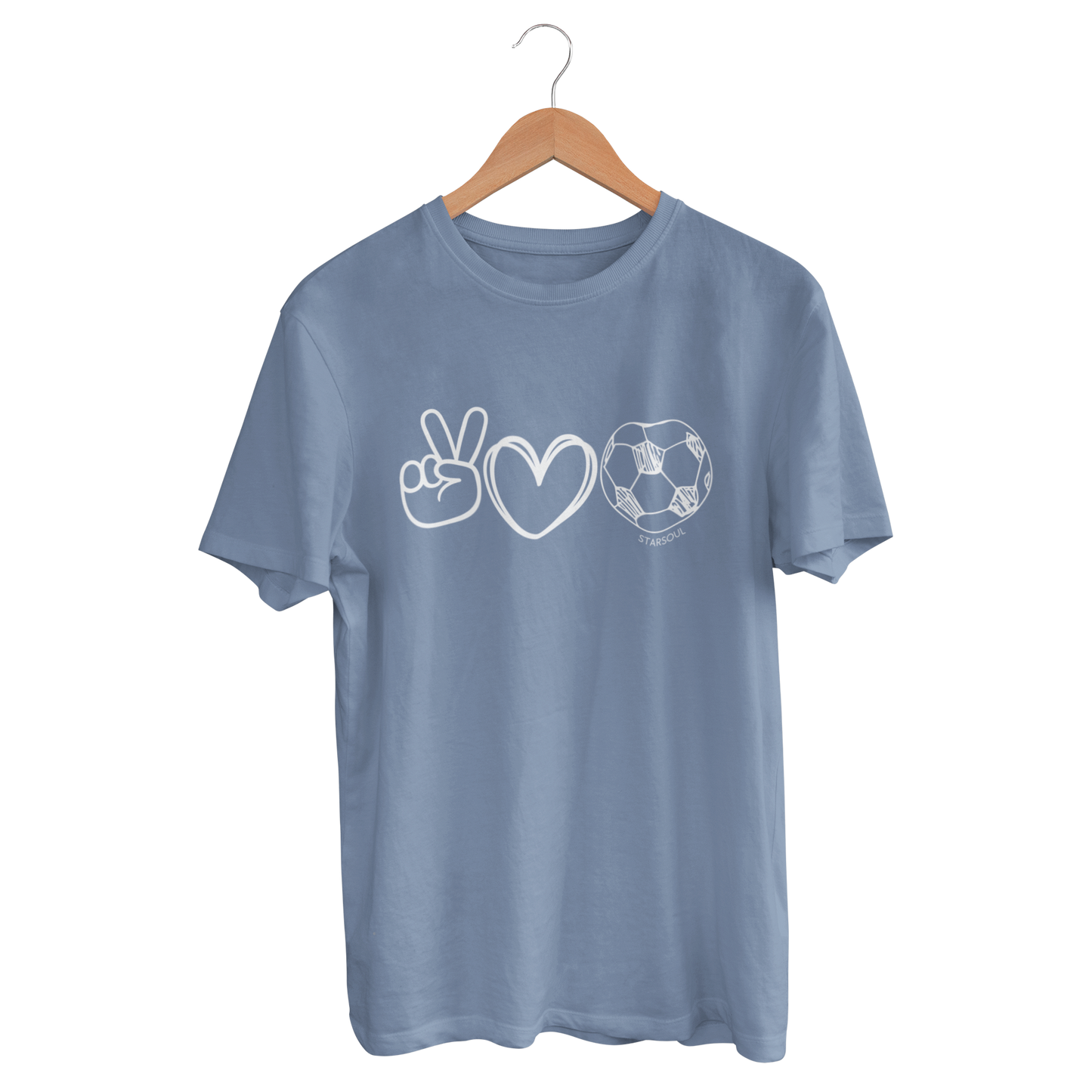lavender blue t-shirt, unisex, with white drawing of peace sign hands, heart and soccer ball for world cup charity