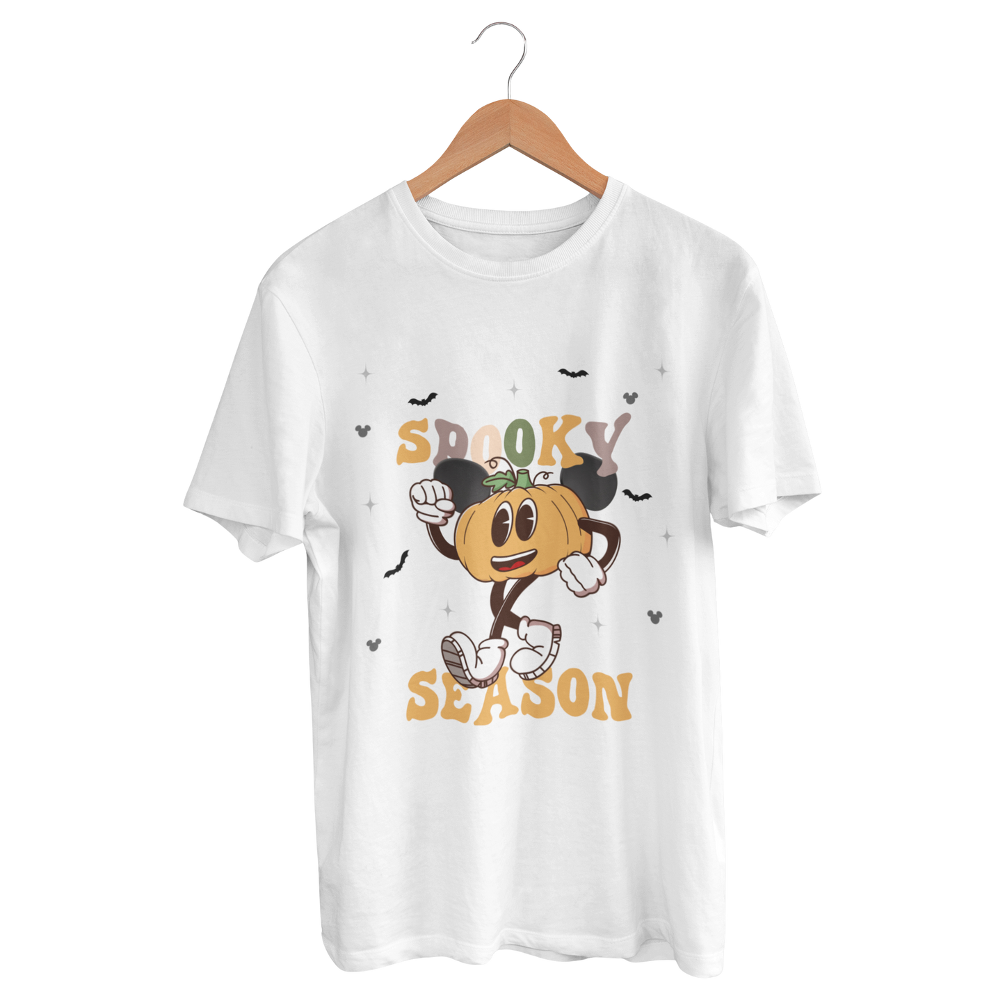 White tshirt with Disney Halloween-themed cute jack-o-lantern walking wearing Mickey Ears, perfect for Mickey's Not So Scary Party