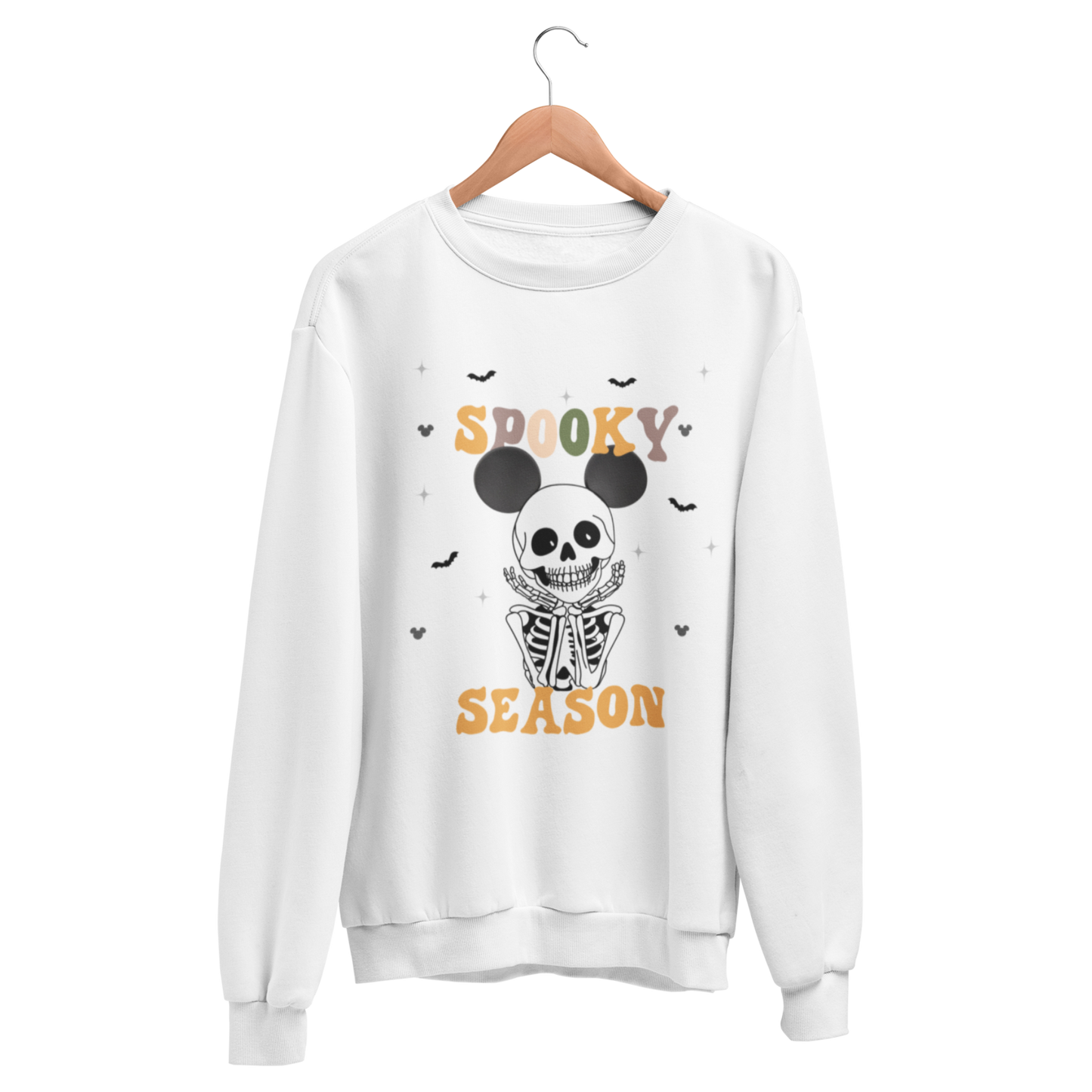 White sweatshirt with Disney Halloween-themed skeleton smiling wearing Mickey Ears, perfect for Mickey's Not So Scary Party