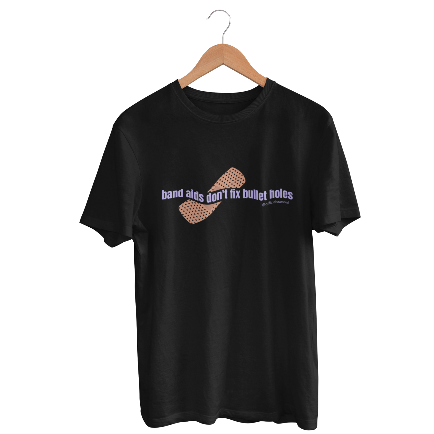 Black unisex shirt with "Band Aids Don't Fix Bullet Holes" printed on front, inspired by Taylor Swift lyrics