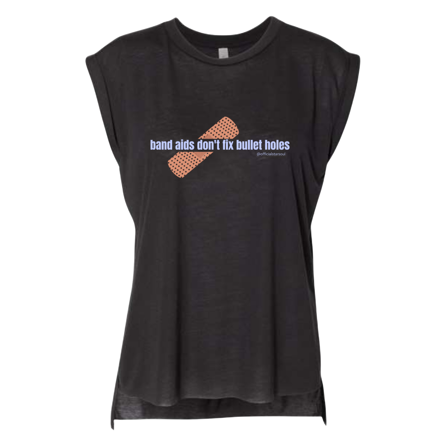 Black woman's muscle shirt with "Band Aids Don't Fix Bullet Holes" printed on front, inspired by Taylor Swift lyrics