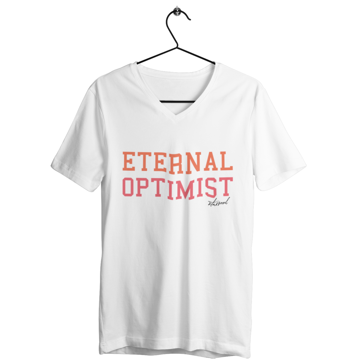 white v neck t-shirt with "eternal optimist" in coral and orange letters printed, charity tshirt