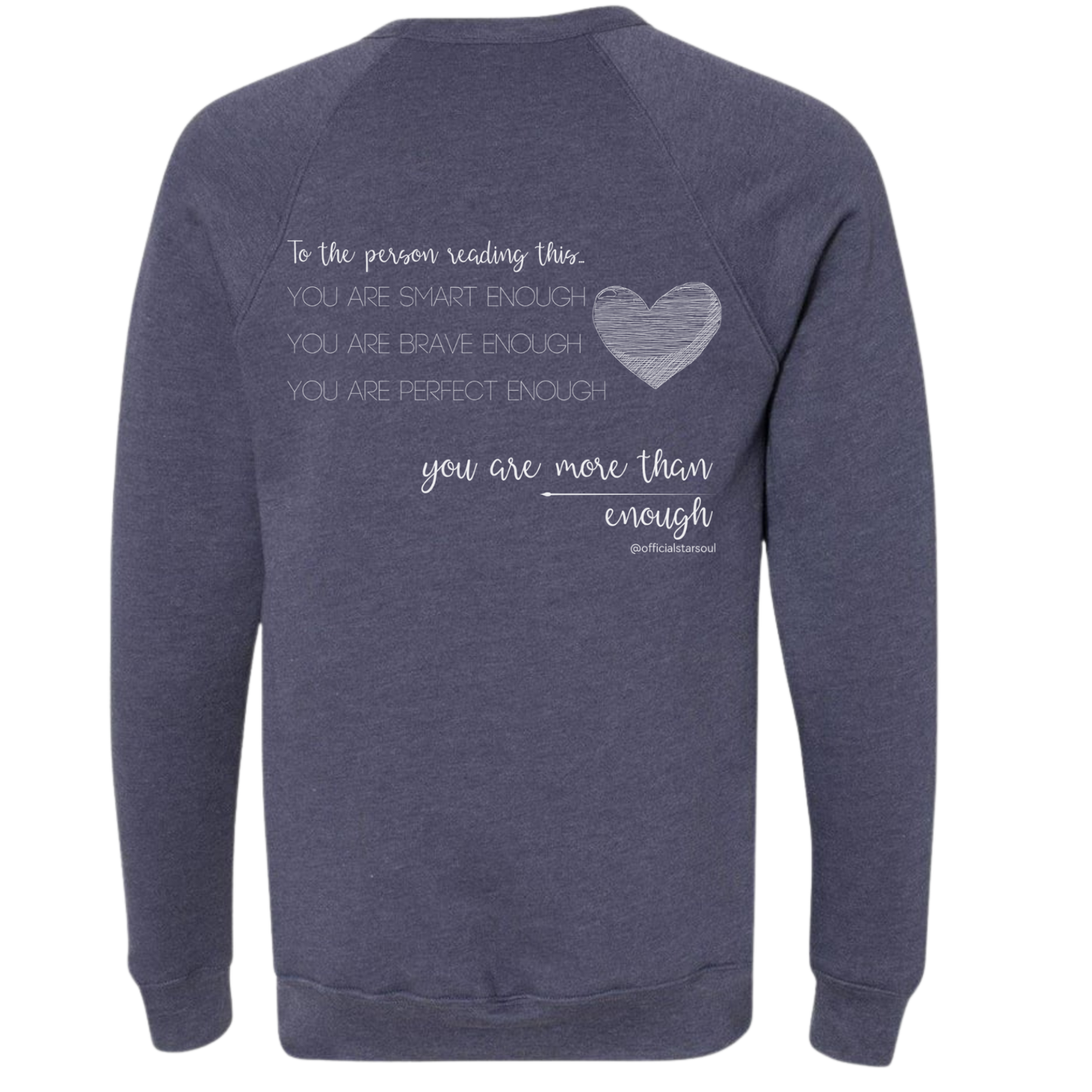 Navy sweatshirt with motivational quote on the back against a white background