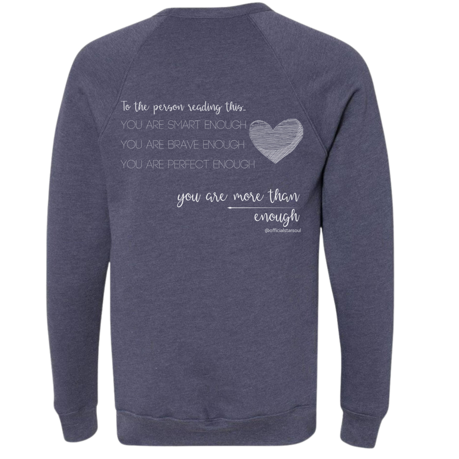Navy sweatshirt with motivational quote on the back against a white background