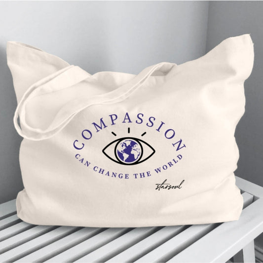 reusable canvas tote bag with compassion can change the world printed