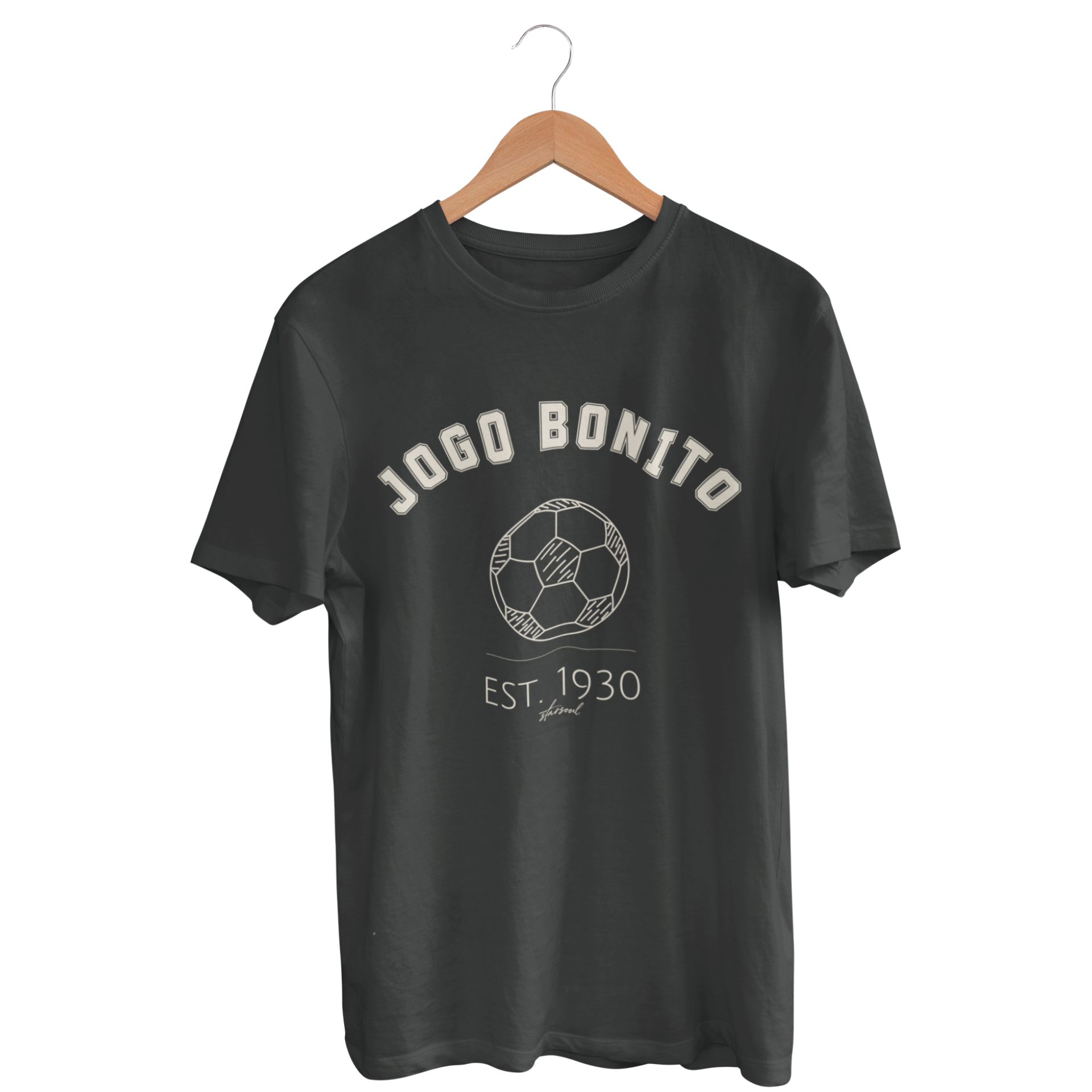Vintage wash black unisex t-shirt with 'Jogo Bonito' text and soccer ball graphic 