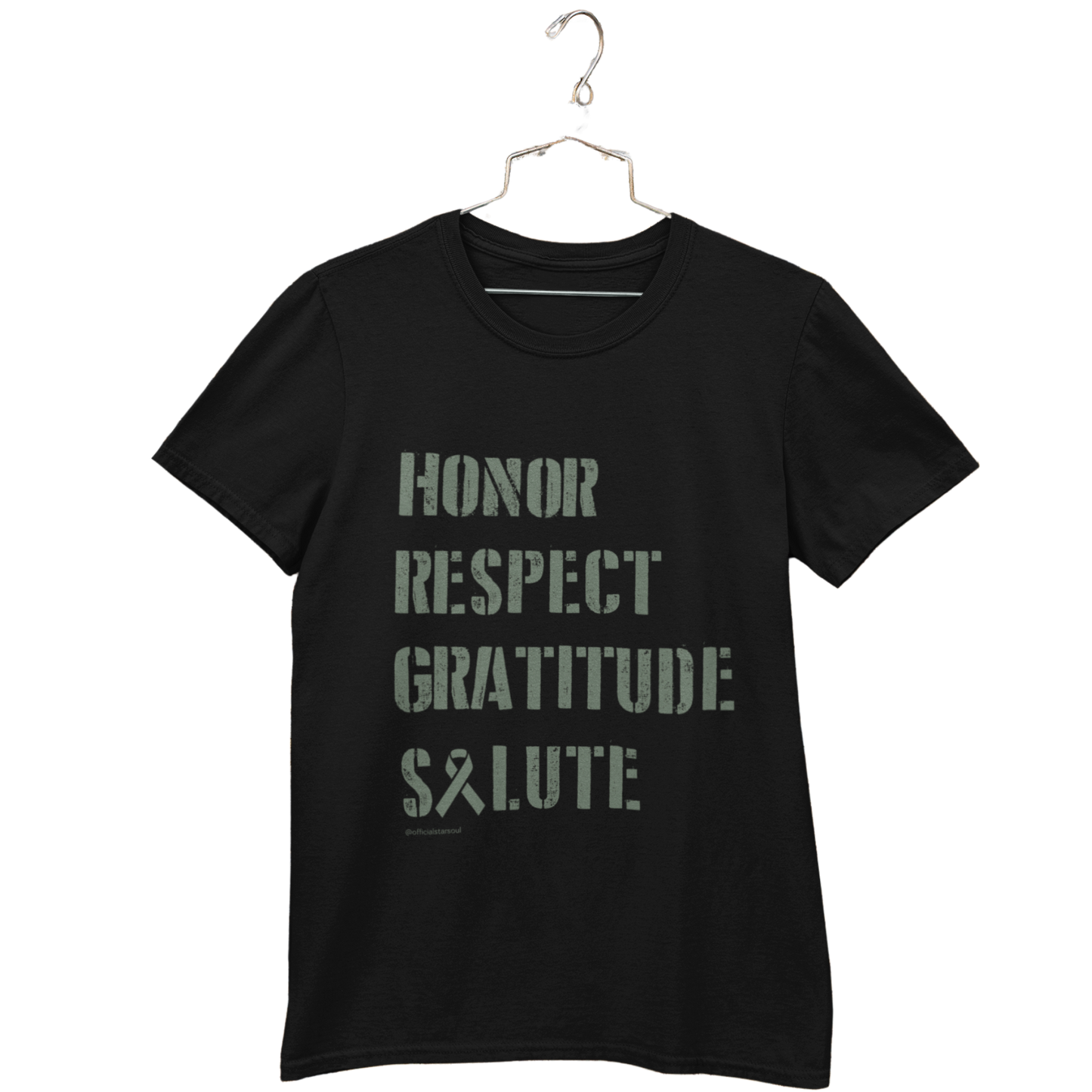 black t-shirt with text 'Honor Respect Gratitude Salute' printed in military green - With every purchase, you provide 50 meals for Veterans in need. Together, we can honor their service not just with words, but with action.