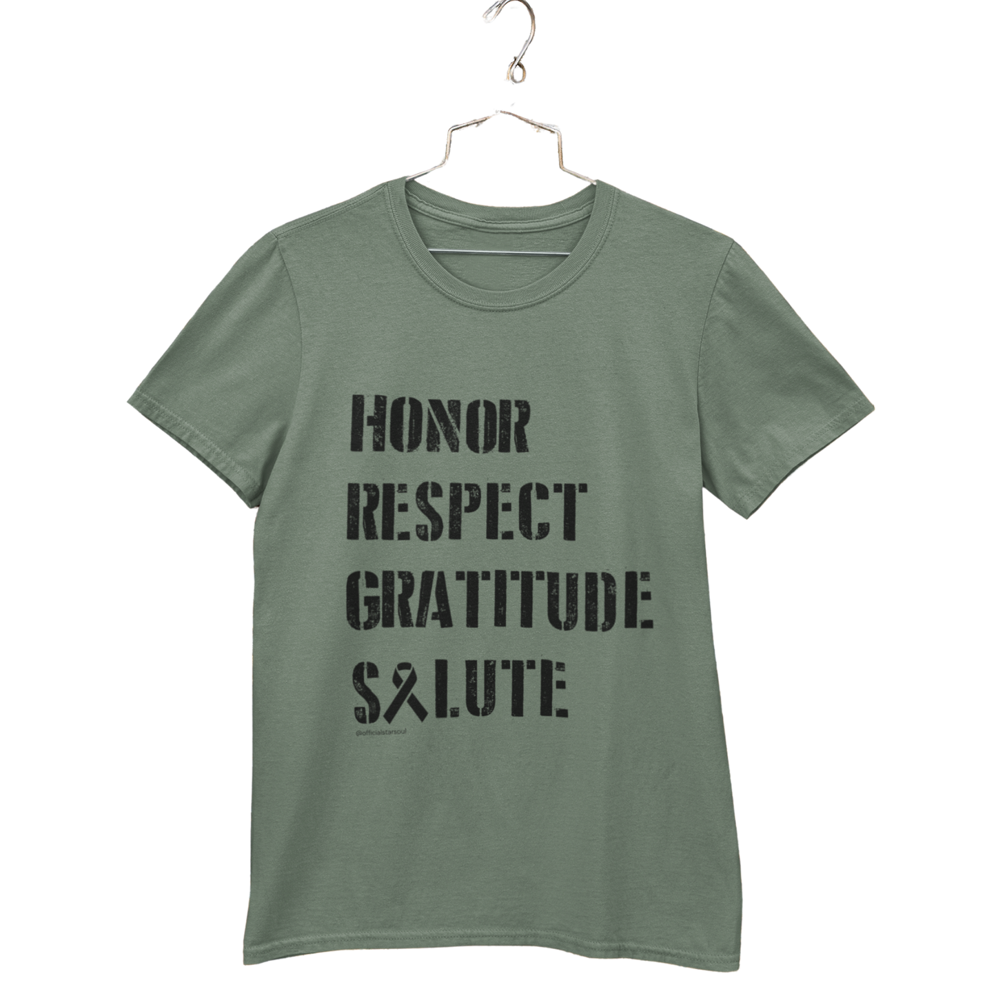 military green t-shirt with text 'Honor Respect Gratitude Salute' With every purchase, you provide 50 meals for Veterans in need. Together, we can honor their service not just with words, but with action.