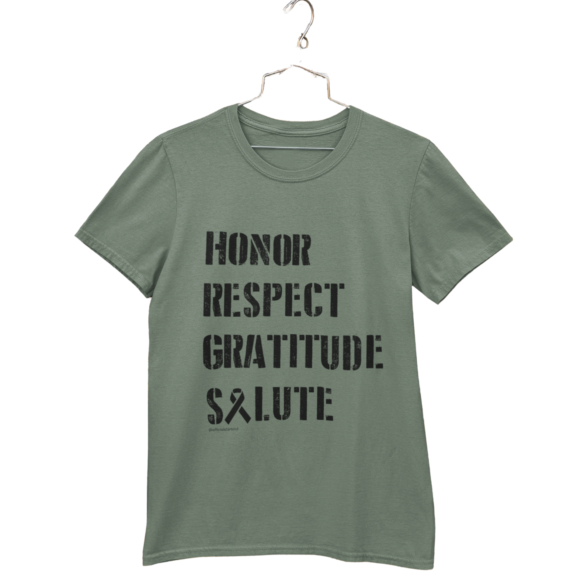 military green t-shirt with text 'Honor Respect Gratitude Salute' With every purchase, you provide 50 meals for Veterans in need. Together, we can honor their service not just with words, but with action.
