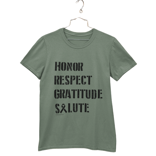 military green t-shirt with text 'Honor Respect Gratitude Salute' With every purchase, you provide 50 meals for Veterans in need. Together, we can honor their service not just with words, but with action.