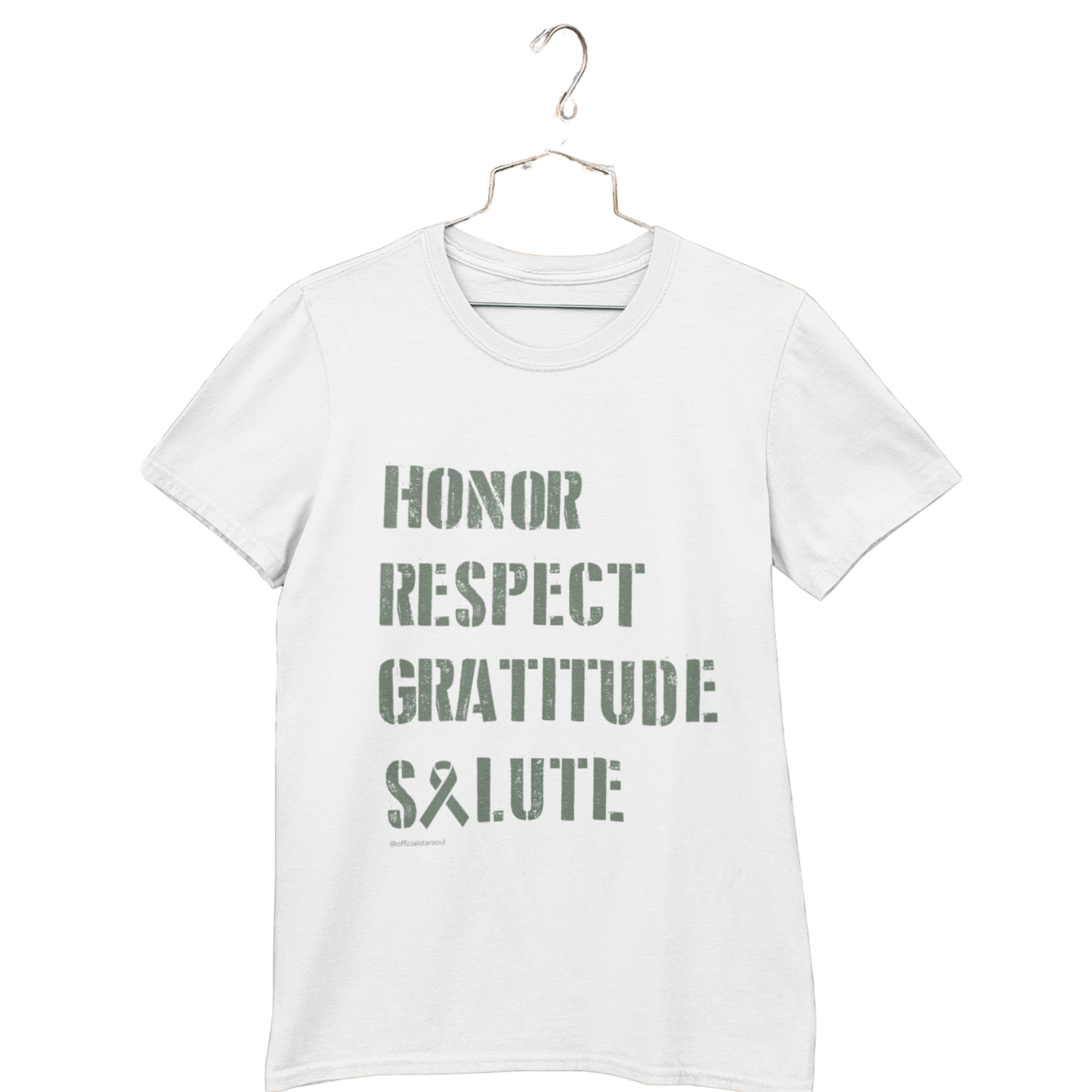 white  t-shirt with text 'Honor Respect Gratitude Salute' printed in military green - With every purchase, you provide 50 meals for Veterans in need. Together, we can honor their service not just with words, but with action.