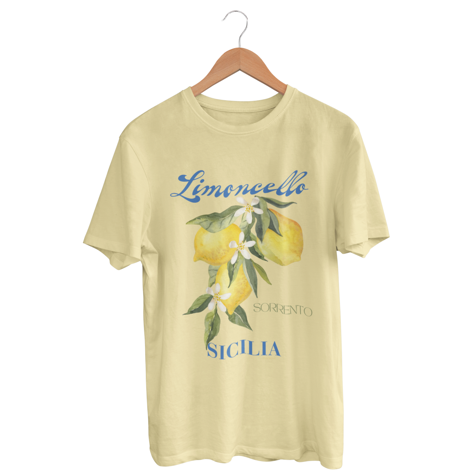 Butter yellow t-shirt with "limoncello" printed and beautiful lemon design, all proceeds go to charity and also plants 10 trees