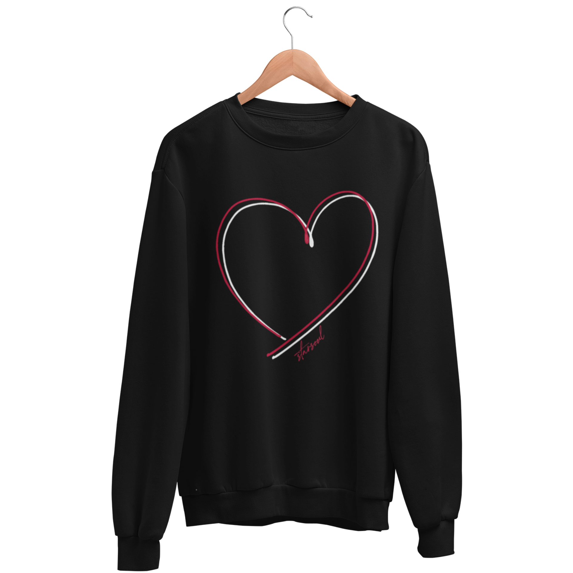 A black sweatshirt with customer red and white heart drawn 