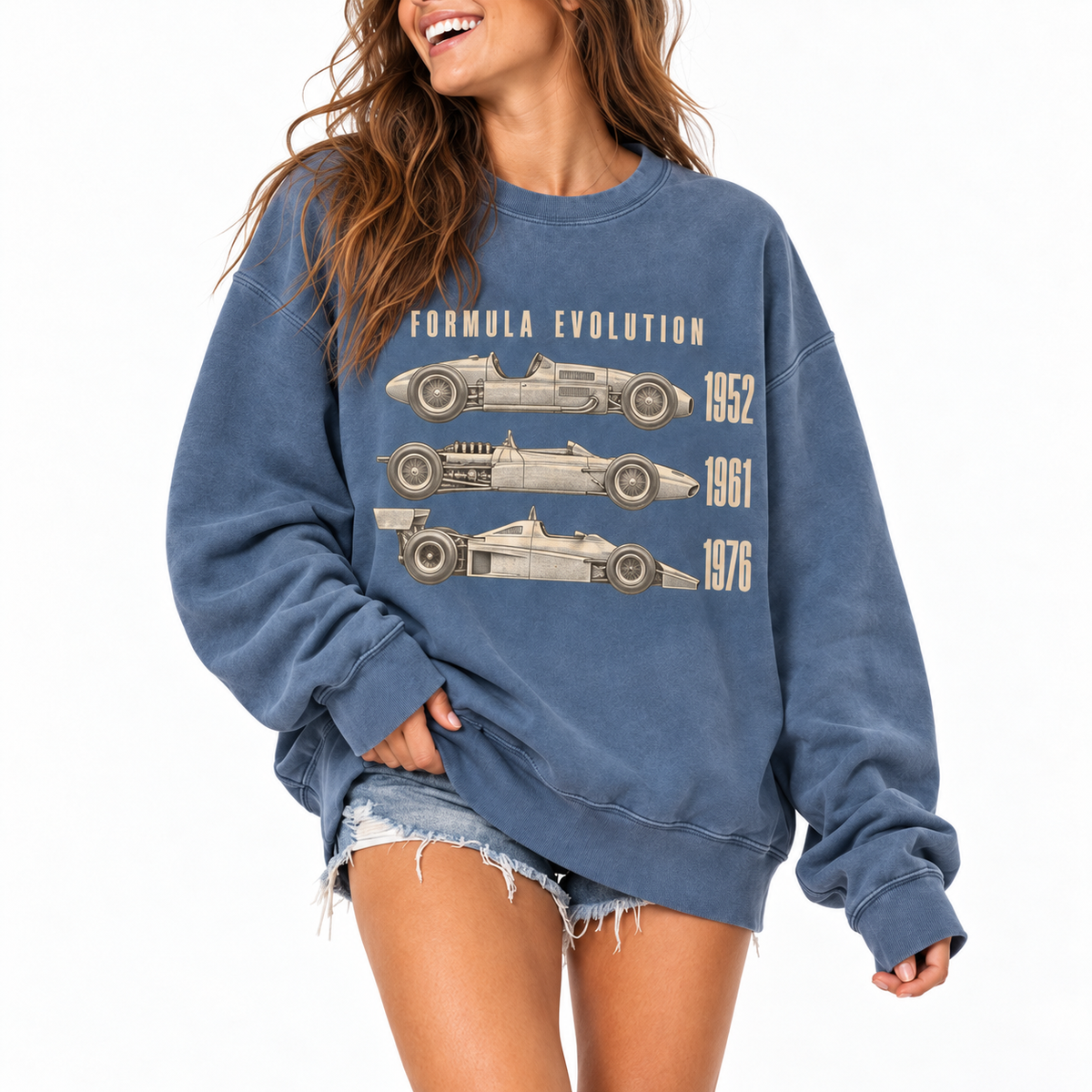 Woman wearing a Denim blue vintage motorsport sweatshirt while holding a checkered racing flag