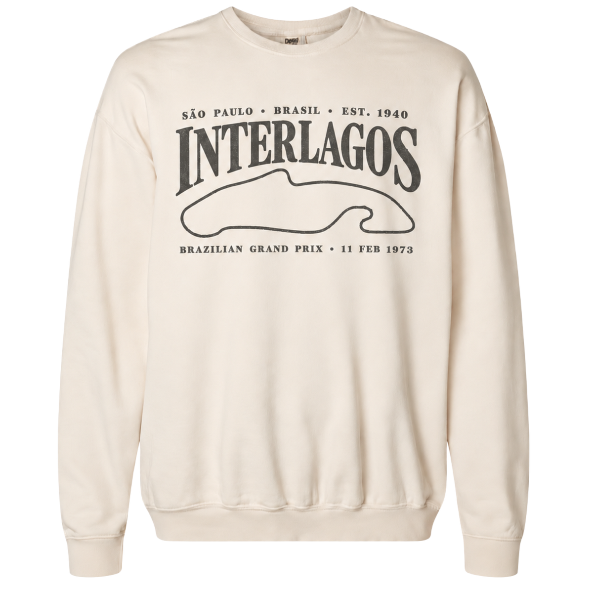  Ivory Interlagos vintage racing sweatshirt with São Paulo circuit outline and distressed charcoal graphic