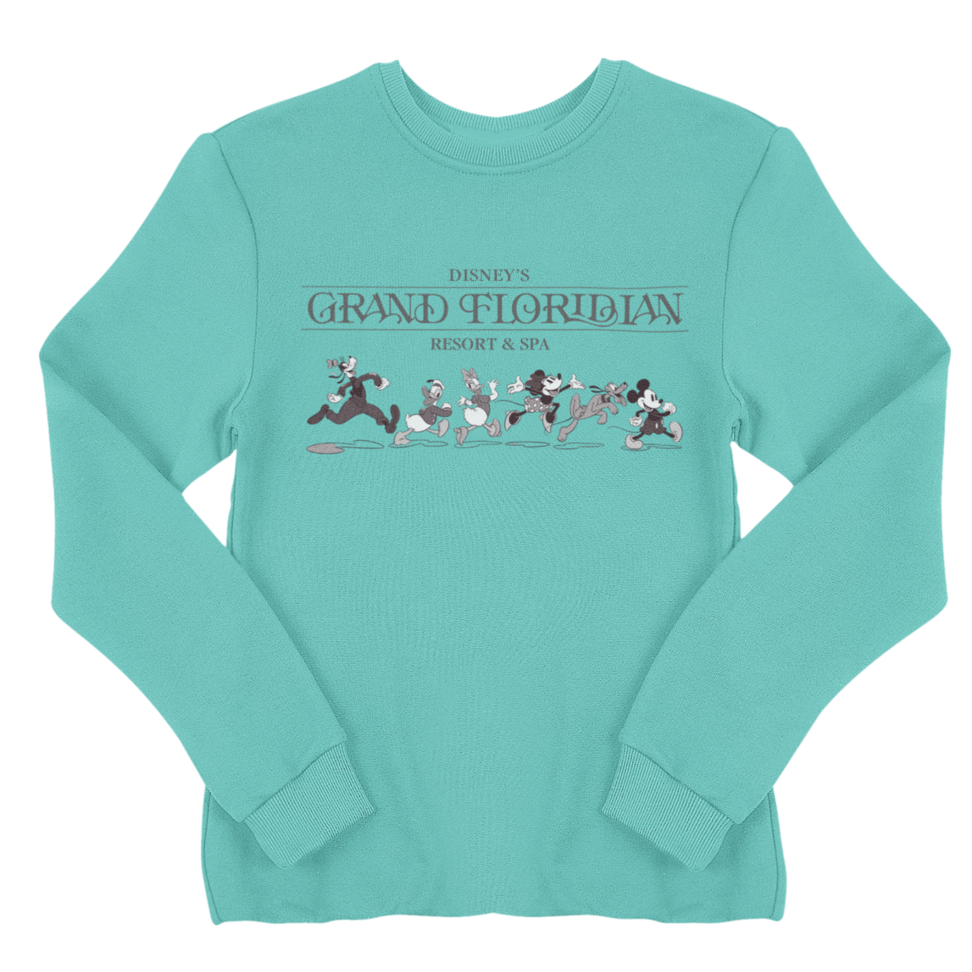 Disney's Grand Floridian sweatshirt, teal color with grayscale Mickey, Minnie, Donald, Daisy and Goofy printed with Grand Floridian logo; unisex 