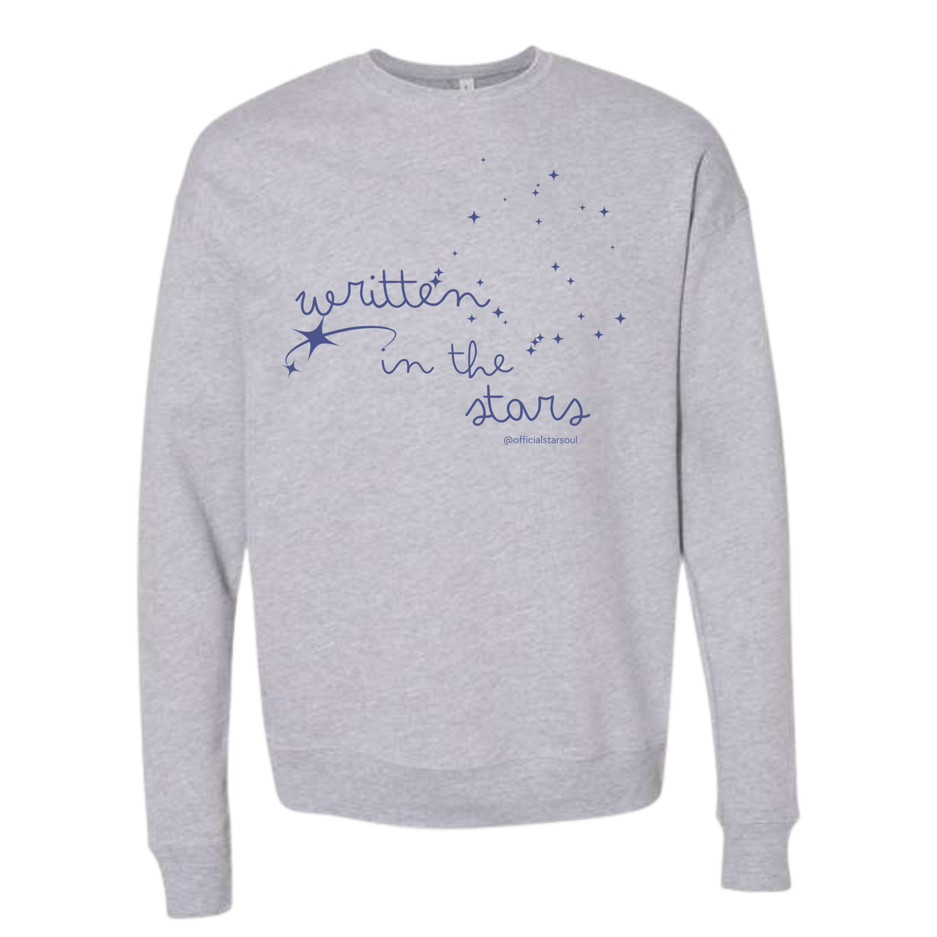 heathered gray sweatshirt with 'Written in the Stars' navy text and star graphics