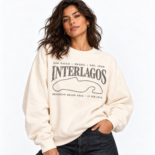 Woman wearing an oversized Ivory Interlagos racing sweatshirt featuring the historic Brazilian circuit