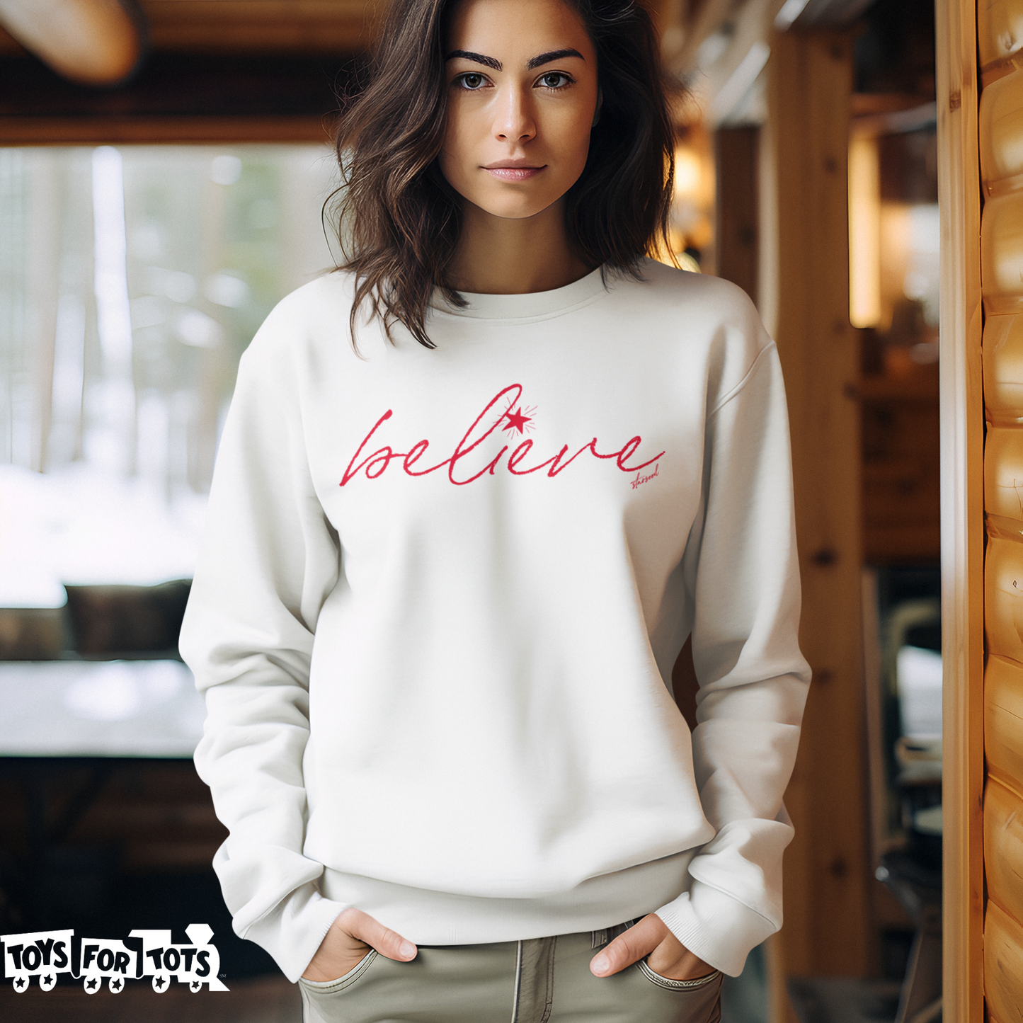 white sweatshirt with "believe" in red across front, benefitting toys for tots
