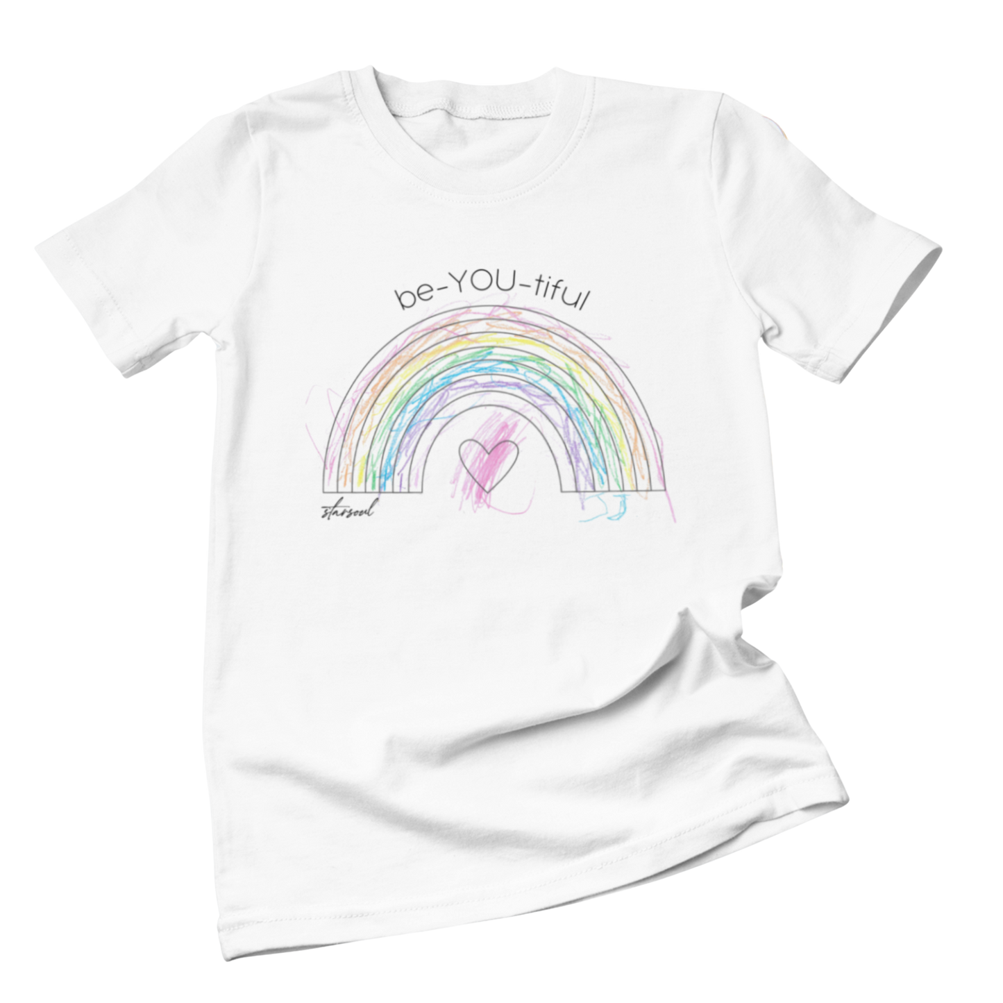 White t-shirt with a rainbow hand colored by autistic boy - starsoul charity shirt for autism