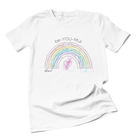 White t-shirt with a rainbow hand colored by autistic boy - starsoul charity shirt for autism